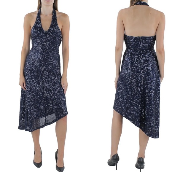 💃🏻BCBGeneration Blue Sequin Asymmetrical Halter Dress - Picture 1 of 6